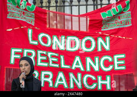 Whitehall, London, UK. Monday 29th April, 2024. To mark International Workers' Memorial Day The National Union of Journalist London Freelance Branch held a rally and vigil opposite Downing Street. Speeches were held remembering and commemorating journalist and media workers killed by the Israeli military in its ongoing war on the people of Gaza. Abdullah Bailey/Alamy Live News Stock Photo