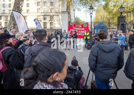 Whitehall, London, UK. Monday 29th April, 2024. To mark International Workers' Memorial Day The National Union of Journalist London Freelance Branch held a rally and vigil opposite Downing Street. Speeches were held remembering and commemorating journalist and media workers killed by the Israeli military in its ongoing war on the people of Gaza. Abdullah Bailey/Alamy Live News Stock Photo