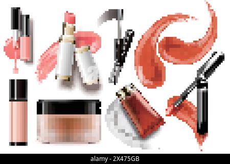 Makeup accessories set, top view of tools and cream texture in 3d illustration Stock Vector