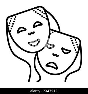Happy and sad facial mask on ropes, vector black line icon for a drama and comedy theater Stock Vector