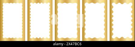 Set of gold rectangle frames with wavy inner borders. Mirror, photo or picture frameworks in luxury style. Golden rectangular boxes, tags or labels isolated on white background. Vector illustration. Stock Vector