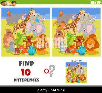 Cartoon illustration of finding the differences between pictures educational game with wild animal characters group Stock Vector