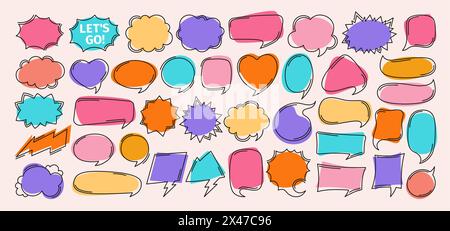 Speech bubble comic doodle chatting box set. Contour empty design elements dialog clouds message box. Speech thought blobs comics book, balloon banner for speak text. Line vector illustration isolated Stock Vector