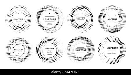 Circle half tone or round dots halftone elements with pattern background, abstract vector. Halftone circles for graphic design elements with black dots in geometric half tone gradation or round frames Stock Vector