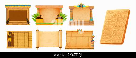 Arcade game frames, ancient Egypt. Vintage Egyptian stone wall and papyrus. Cartoon vector rock textures, gods and hieroglyphs. Set of gui or ui elements for antique civilization quiz or puzzle game Stock Vector