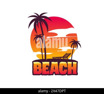 Tropical summer isolated beach icon with palm trees and sunbed, vector emblem. Paradise island resort, beach party event or bar club music festival badge with sunset sky and palms silhouette Stock Vector