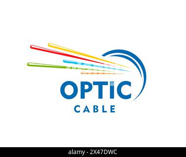 Fiber optic cable icon. Isolated vector emblem with colorful dynamic wire linea in blue circle. Symbol of high-speed internet connection, telecommunication, data traffic transmission and connectivity Stock Vector