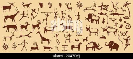 Prehistoric cave paintings, ancient art on rock wall. Stone vector background with caveman paintings, primitive brown symbols of hunters, tribe people and animals, deers, mammoth, spears and fire Stock Vector