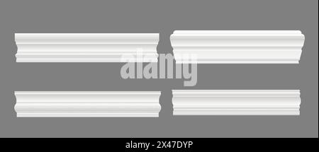 Wall skirting baseboard or molding and interior moulding cornice, realistic vector. White wall skirting or house ledge trim molding for ceiling border panels and molding board frieze of plaster stucco Stock Vector