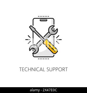 Cellphone software coding, mobile app develop technical support, web application optimization outline icon. Online service or app developing linear vector icon with mobile phone and crossed tools Stock Vector