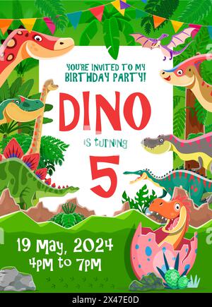Kids birthday party flyer with cartoon funny dinosaurs on tropical forest vector background. Cute tyrannosaurus, pterodactyl, spinosaurus and brachiosaurus dino animals with baby dinosaur in egg shell Stock Vector
