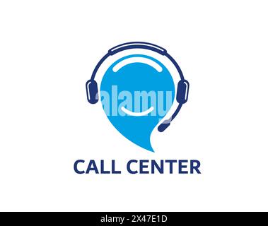 Call center icon, customer support service symbol, featuring blue smiling speech bubble in headset symbolizing effective hotline communication, professional assistant help and interaction with clients Stock Vector