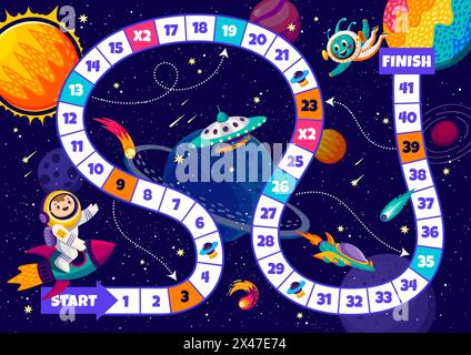 Kids board step game with kid astronaut and space planets. Vector boardgame worksheet with snake path, numbers and cartoon cosmonaut character on rocket, ufo and alien. Educational children riddle Stock Vector