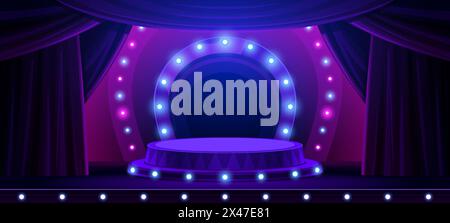 Theater or circus entertainment stage podium with lights, vector background. Circus show or concert theater scene with platform, neon glow illumination and curtain drapes in blue purple spotlights Stock Vector
