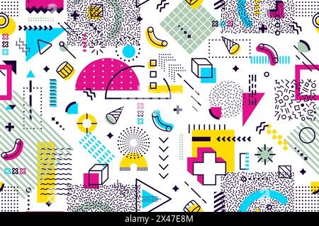 80s 90s hipster Memphis pattern with abstract geometric colorful shapes and modern elements. Vector seamless background with surreal figures, linear details, dots, triangles and waves, trendy ornament Stock Vector