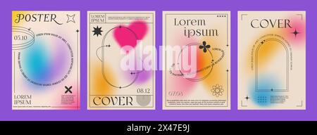 Gradient brutal Y2K posters with aesthetic frames for cover templates, vector backgrounds. Modern pastel color gradient posters with Y2K retro brutal shapes and elements with minimal line frames Stock Vector