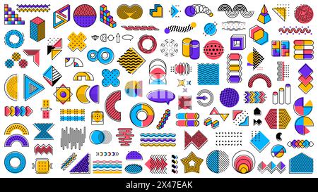 Abstract geometric memphis shapes. Modern graphic vector line elements, minimal art shapes and basic forms. Star, circle, triangle and dot, square, curve, wave and arrow figures with halftone pattern Stock Vector