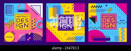 Abstract geometric Memphis banners. Modern square templates, feature vibrant colors, simple shapes and bold patterns in retro-modern style of 1980s design movement. Vector playful cards or story posts Stock Vector
