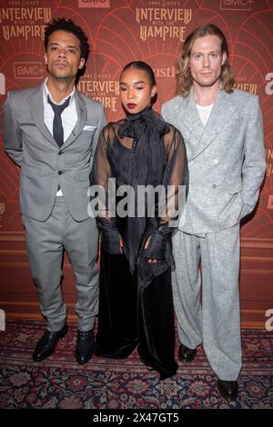 New York, New York, USA. 30th Apr, 2024. (NEW) AMC Networks' &quot;Anne Rice's Interview With The Vampire&quot; Season 2 Premiere. April 30, 2024, New York, New York, USA: (L-R) Jacob Anderson, Kristin Dolan and Sam Reid attend AMC Networks' &quot;Anne Rice's Interview With The Vampire&quot; Season 2 Premiere at The McKittrick Hotel on April 30, 2024 in New York City. (Credit: M10s/TheNews2) (Foto: M10s/Thenews2/Zumapress) (Credit Image: © Ron Adar/TheNEWS2 via ZUMA Press Wire) EDITORIAL USAGE ONLY! Not for Commercial USAGE! Stock Photo