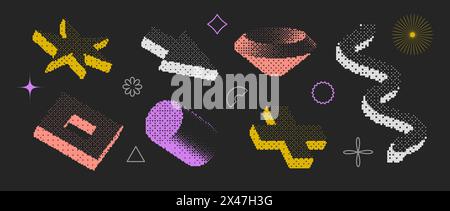 Bitmap textured shapes set. Dither halftone objects collection. Colorful cylinder, arrow, cross, star, wave, elements for banner, poster, leaflet. Pixelated 3d raster effect bundle. Vector pack Stock Vector