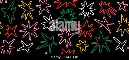 Colorful stars seamless pattern. Yellow, red, green and pink childish repeating motif on black background. Cartoon bright sparkles and sparks ornament wallpaper. Vector bright nursery backdrop Stock Vector