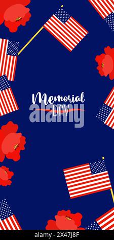 Memorial Day poppies and American flags with stars in flat style Vector ...