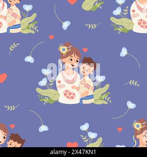 Seamless pattern with happy Ukrainian woman with son in traditional clothes embroidered shirt on blue background with flowers. Vector illustration. Mo Stock Vector