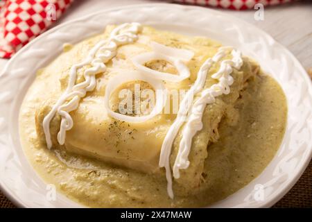 Mexican food. Enchiladas with creamy green sauce filled with shredded chicken meat and covered with melted cheese, in Mexico they are called Swiss Enc Stock Photo