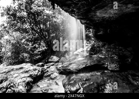 Tiger Falls in black and white in Royal Natal National Park in the Drakensberg Mountains of South Africa Stock Photo