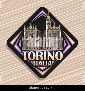 Vector logo for Torino, dark rhombus road sign with line illustration of famous historical twin churches in torino on nighttime sky background, decora Stock Vector