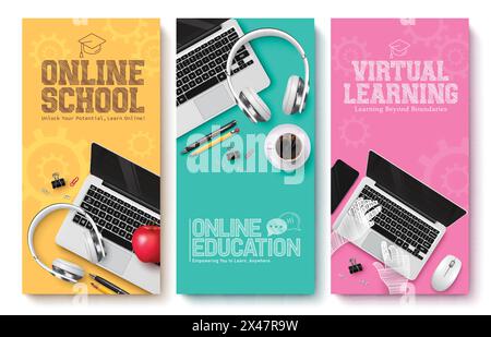 Online school education vector poster set design. Back to school online education and virtual learning text with laptop computer technology device Stock Vector