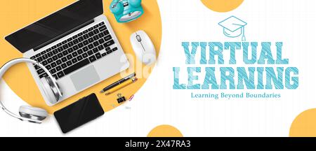 Virtual learning education vector template design. Back to school virtual learning text  with laptop digital device for educational e learning Stock Vector