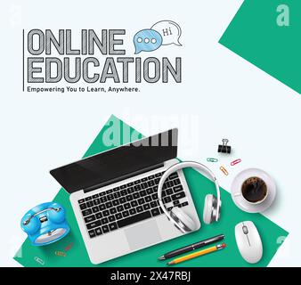 Online school education vector design. Back to school online education text with laptop computer digital device for e learning course concept. Vector Stock Vector