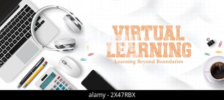 School virtual learning vector template design. Back to school virtual learning text with laptop and headphone digital device for educational e Stock Vector