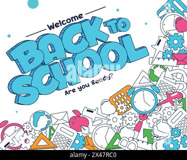 Back to school vector template design. Welcome back to school greeting text with educational elements, supplies and items for learning background. Stock Vector