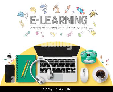 E learning school vector template design. Back to school e learning text with laptop computer digital device, headphone and mouse for distance Stock Vector