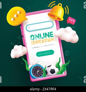 Online education vector design. Back to school online education with mobile phone learning elements for e learning and distance course educational Stock Vector