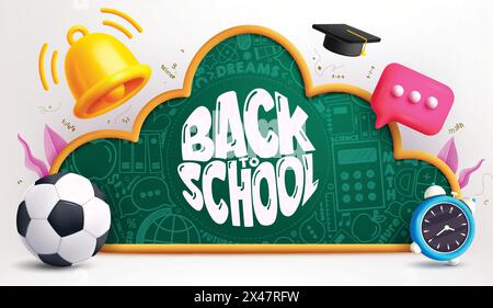 Back to school chalkboard vector template design. Back to school greeting text in green board cloud with educational ball, bell, alarm clock Stock Vector