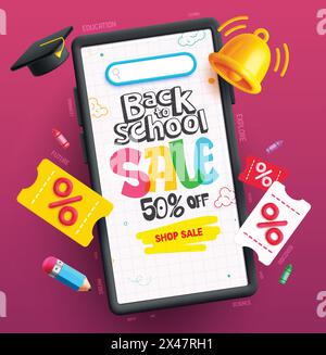 Back to school sale vector design. Back to school online education mobile phone elements for educational shopping promotion banner. Vector Stock Vector