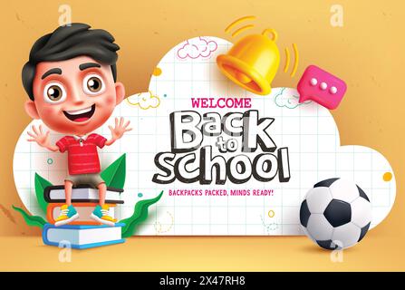 Back to school boy character vector design. Welcome back to school greeting text in paper cut clouds with happy smiling cute boy kid for educational Stock Vector