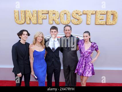 Los Angeles, United States. 30th Apr, 2024. (L-R) Julian Kal Seinfeld, Shepherd Kellen Seinfeld, Jessica Seinfeld, Jerry Seinfeld and Sascha Seinfeld atten the premiere of the biographical comedy motion picture 'Unfrosted' at the Egyptian Theater in the Hollywood section of Los Angeles on Tuesday, April 30, 2024. Storyline: In 1963 Michigan, business rivals Kellogg's and Post compete to create a cake that could change breakfast forever. Photo by Greg Grudt/UPI Credit: UPI/Alamy Live News Stock Photo