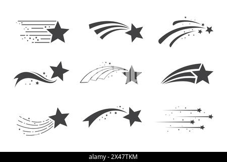 Set of stars with shooting star effect. silhouette shooting star icon Stock Vector
