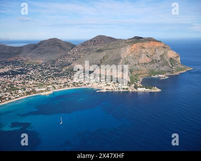 AERIAL VIEW. The seaside resort of Mondello within the city of Palermo and the prominent Mount Gallo. Province of Palermo, Sicily, Italy. Stock Photo