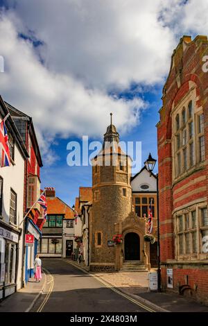 Interesting circular architecture of the Guildhall on the very narrow A3052 Bridge Street in Lyme Regis, Dorset, England, UK Stock Photo