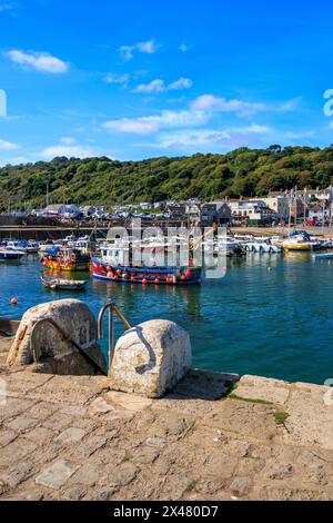 A collection of attractive and colourful fishing boats and leisure craft in the harbour at Lyme Regis, Jurassic Coast, Dorset, England, UK Stock Photo