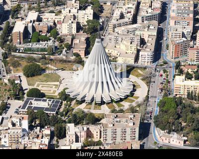 AERIAL VIEW. The Sanctuary of Madonna delle Lacrime in the city of Syracuse. Province of Syracuse, Sicily, Italy. Stock Photo