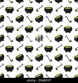 Witchs cauldron with boiling magic potion. Seamless pattern. Vector illustration. Stock Vector