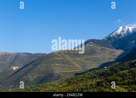 Snow capped peak of Mount Cika and mountain road over Llogara Pass, Palase, near Dhermi, Albania Stock Photo