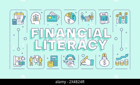 Financial literacy turquoise word concept Stock Vector
