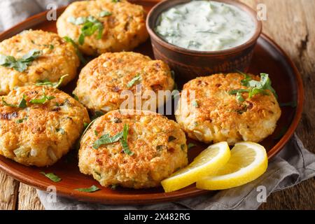 Homemade spicy chickpea pancakes with tzatziki sauce close-up in a plate on a wooden table. Horizontal Stock Photo